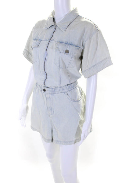 Weworewhat Womens Cotton Denim Collared Short Sleeve Zip Up Romper Blue Size L