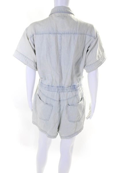 Weworewhat Womens Cotton Denim Collared Short Sleeve Zip Up Romper Blue Size L