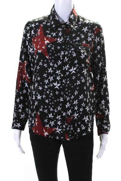 Love Binetti Womens Button Front Collared Silk Star Shirt Black Red Size Small