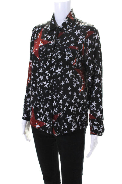 Love Binetti Womens Button Front Collared Silk Star Shirt Black Red Size Small