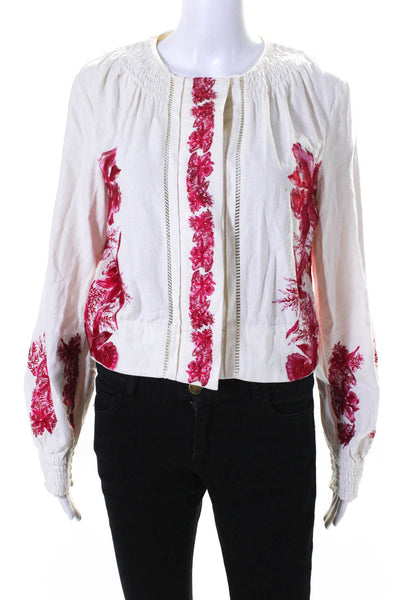 Intermix Womens Button Front Crew Neck Floral Embroidered Jacket White Large