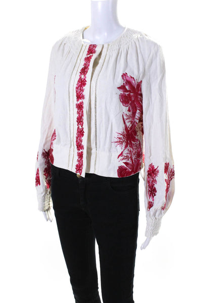 Intermix Womens Button Front Crew Neck Floral Embroidered Jacket White Large