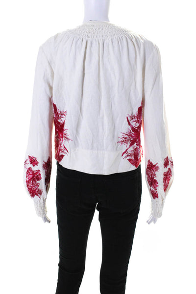 Intermix Womens Button Front Crew Neck Floral Embroidered Jacket White Large