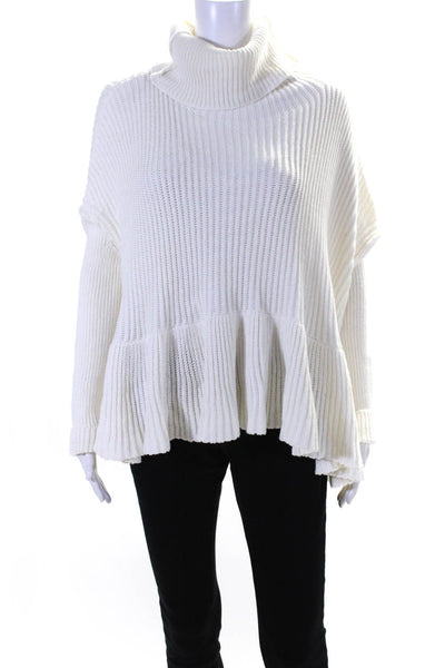 Free People Womens Cotton Textured Ruffled Hem Turtleneck Sweater White Size XS