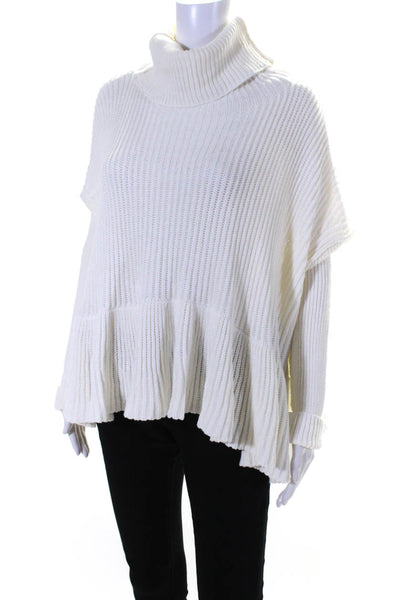 Free People Womens Cotton Textured Ruffled Hem Turtleneck Sweater White Size XS