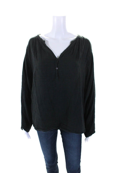 Free People Womens Y Neck Henley Dolman Sleeve Top Blouse Black Size Large