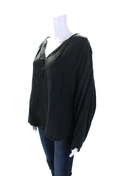 Free People Womens Y Neck Henley Dolman Sleeve Top Blouse Black Size Large