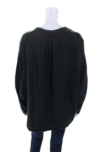 Free People Womens Y Neck Henley Dolman Sleeve Top Blouse Black Size Large