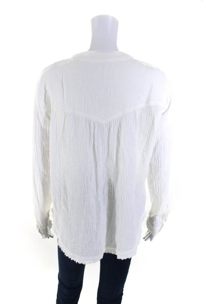 Free People Womens Long Sleeve Bubble Gauze V Neck Henley Top Blouse White Small