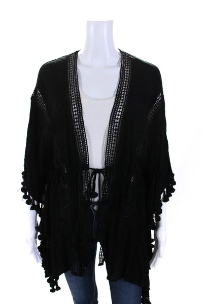 Michael Stars Womens Lace Trim Dolman Sleeve Tassel Kimono Black One Size