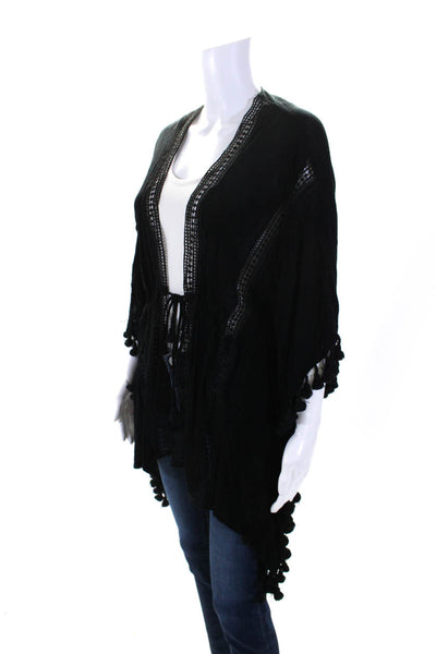 Michael Stars Womens Lace Trim Dolman Sleeve Tassel Kimono Black One Size