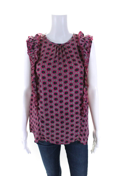 Perry Walker Womens Silk Satin Geometric Printed Ruffled Blouse Top Pink Size 2