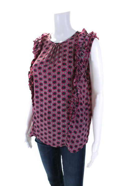 Perry Walker Womens Silk Satin Geometric Printed Ruffled Blouse Top Pink Size 2