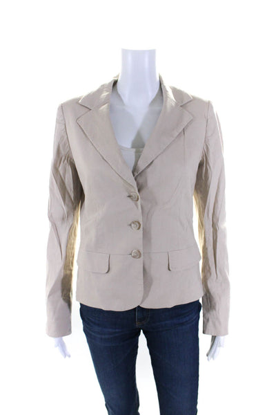 Tahari Womens Linen Notched Collar Button Up Blazer Jacket Beige Size S