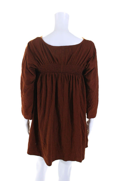 FP Beach  Women's Round Neck Long Sleeves Smocked Mini Dress Brown Size XS