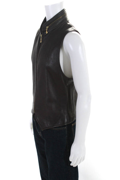 Donna Karan New York Mens Front Zip Collarless Leather Vest Jacket Brown Large