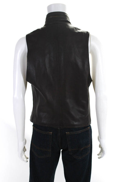 Donna Karan New York Mens Front Zip Collarless Leather Vest Jacket Brown Large