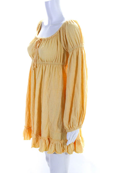 FP Beach Women's Scoop Neck Long Sleeves Tiered Mini Dress Yellow Size M