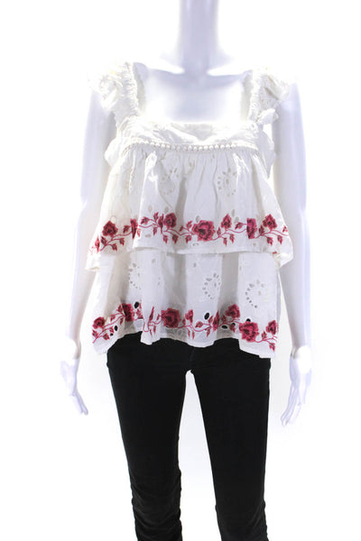 Misa Womens Cotton Embroidered Floral Square Neck Pullover Tank Top White Size M