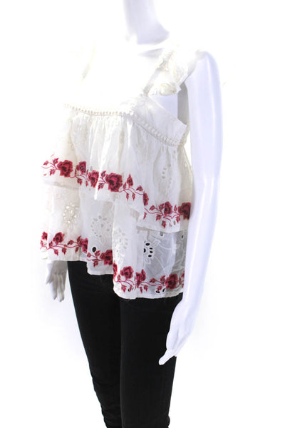 Misa Womens Cotton Embroidered Floral Square Neck Pullover Tank Top White Size M