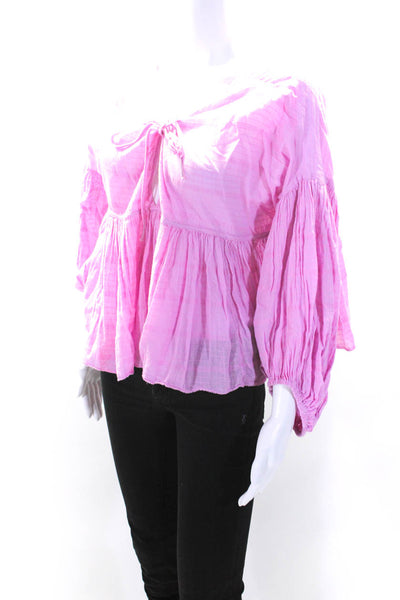 Free People Womens Cotton V-Neck Long Sleeve Pullover Blouse Top Pink Size L