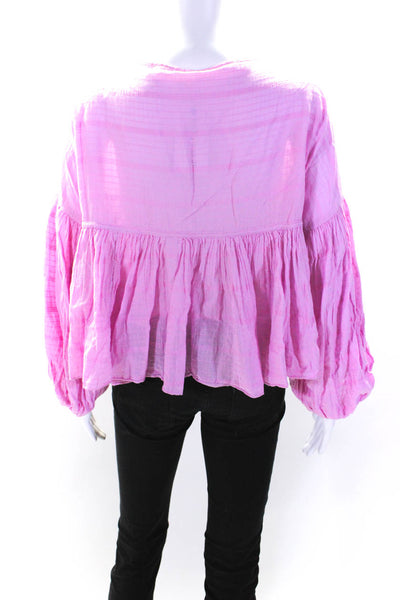 Free People Womens Cotton V-Neck Long Sleeve Pullover Blouse Top Pink Size L