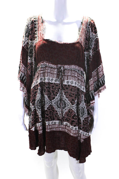 Free People Womens Abstract Square Neck Long Sleeve Mini Dress Burgundy Size S