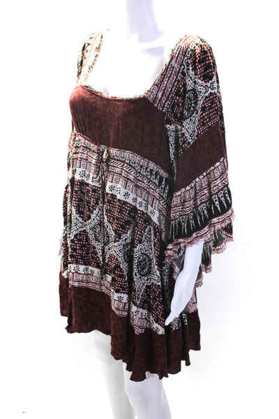 Free People Womens Abstract Square Neck Long Sleeve Mini Dress Burgundy Size S