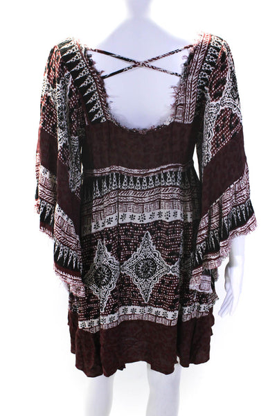 Free People Womens Abstract Square Neck Long Sleeve Mini Dress Burgundy Size S