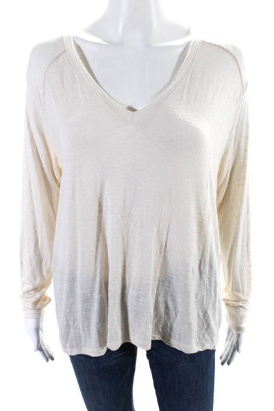 529 Women's V-Neck Long Sleeves Casual Basic T-Shirt Beige Size S