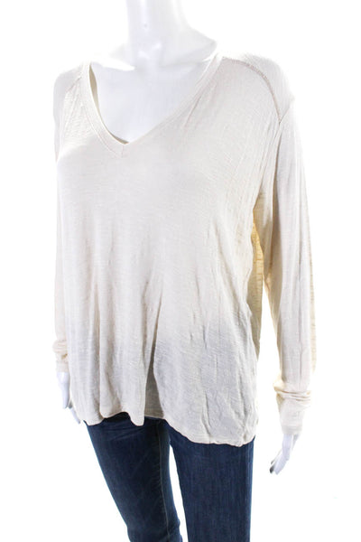 529 Women's V-Neck Long Sleeves Casual Basic T-Shirt Beige Size S