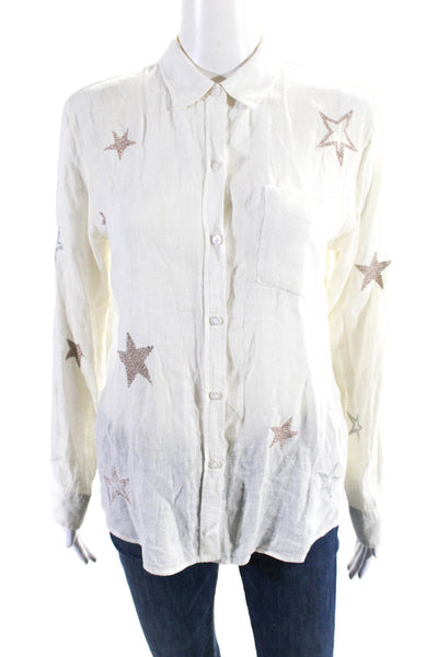 Rails Women's Collared Long Sleeves Button Down Star Print Shirt Cream Size XS