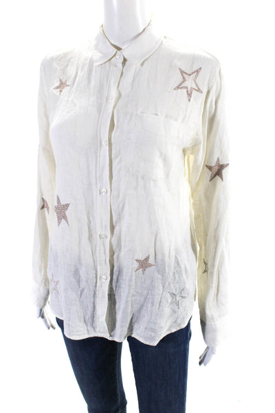 Rails Women's Collared Long Sleeves Button Down Star Print Shirt Cream Size XS