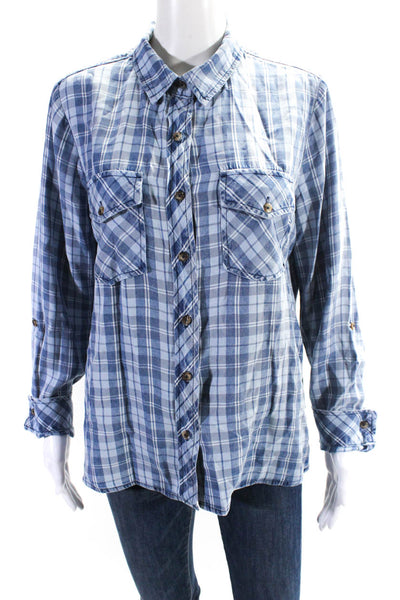 Barbara Katz Womens Long Sleeve Plaid Button Down Shirt Blue Size S