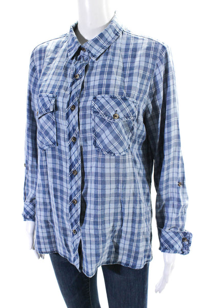 Barbara Katz Womens Long Sleeve Plaid Button Down Shirt Blue Size S