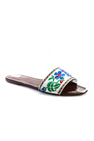 Veronica Beard Womens Peep Toe Embroidered Slip On Flat Sandals White Size 7