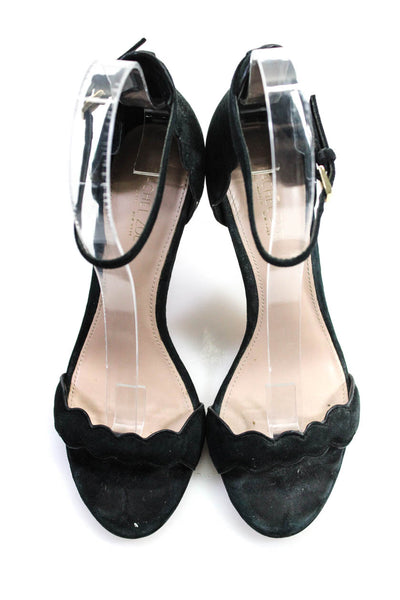 Rachel Zoe Womens Suede Scalloped Trim Peep Toe Ankle Strap Heels Black Size 6.5