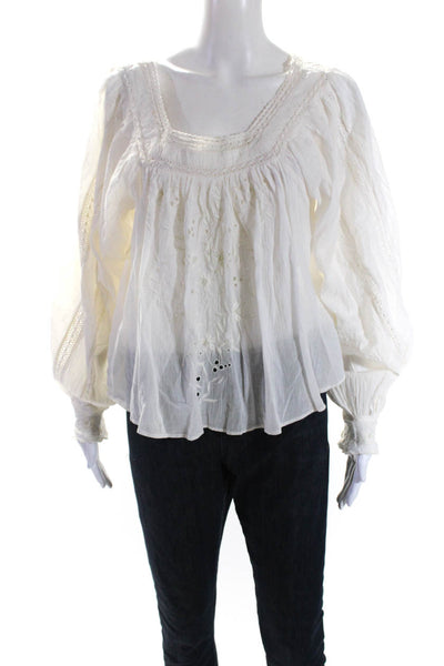 Free People Womens Cotton Square Neck Lace Trim Embroidered Blouse White Size S