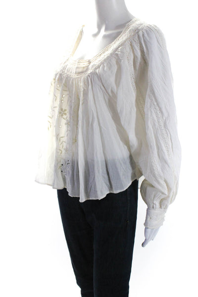 Free People Womens Cotton Square Neck Lace Trim Embroidered Blouse White Size S