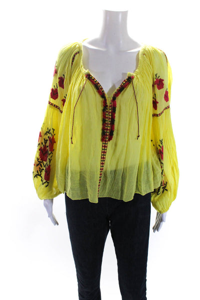 FP One by Free People Womens Cotton V Neck Embroidered Blouse Yellow Size S