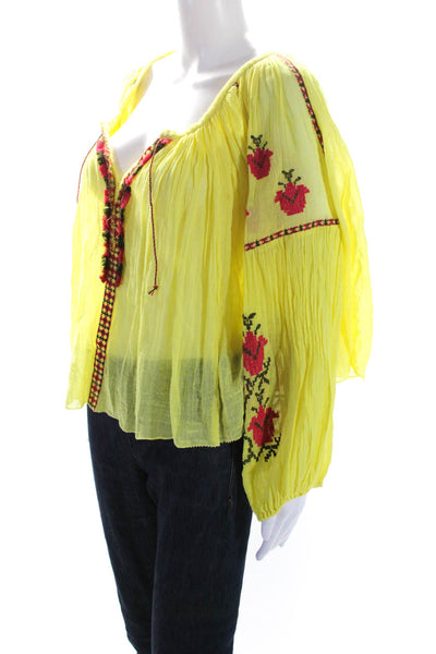 FP One by Free People Womens Cotton V Neck Embroidered Blouse Yellow Size S