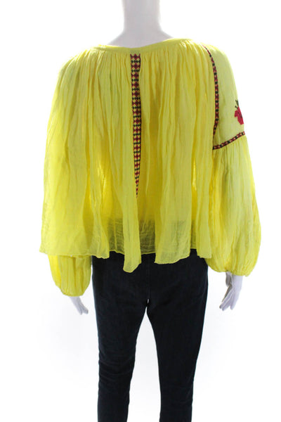 FP One by Free People Womens Cotton V Neck Embroidered Blouse Yellow Size S