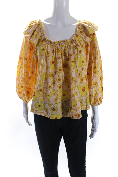 Free People Womens Cotton Square Neck Floral Print Blouse Yellow Size S