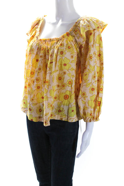 Free People Womens Cotton Square Neck Floral Print Blouse Yellow Size S