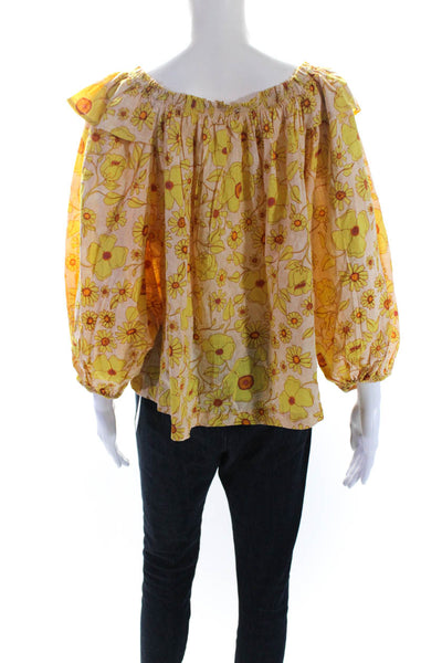 Free People Womens Cotton Square Neck Floral Print Blouse Yellow Size S