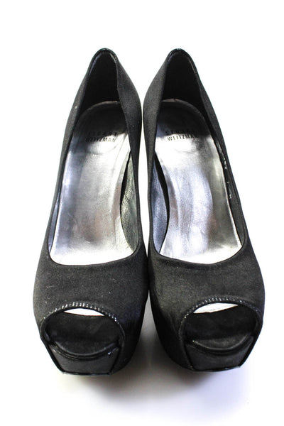 Stuart Weitzman Womens Rhinestone Satin Peep Toe Platform Pumps Black Size 7