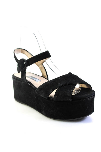 Prada Womens Criss Cross Ankle Strap Platform Sandals Black Suede Size 36 6
