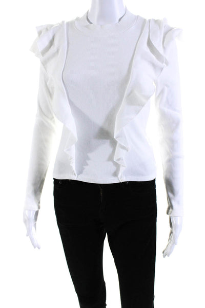 Veronica Beard Jeans Womens White Cotton Ribbed Ruffle Detail Blouse Top Size S