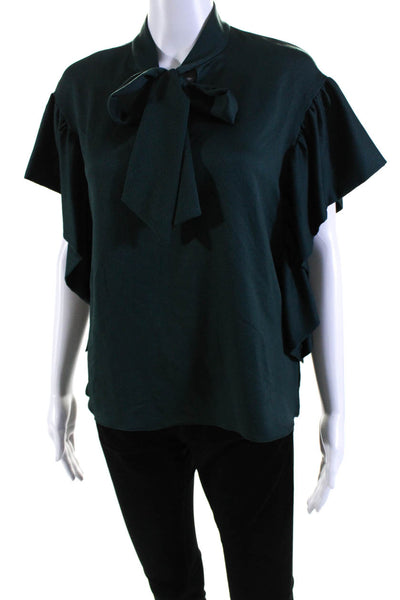 Ted Baker Womens Dark Green Tie Neck Ruffle Cap Sleeve Blouse Top Size 2