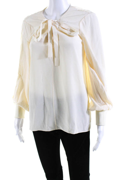 Tibi Womens Cream Silk Lace Up V-Neck Long Sleeve Blouse Top Size S